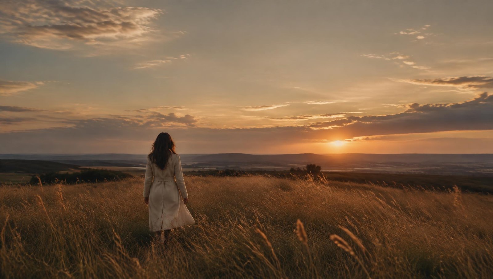Tiffany walking through a golden field at sunset