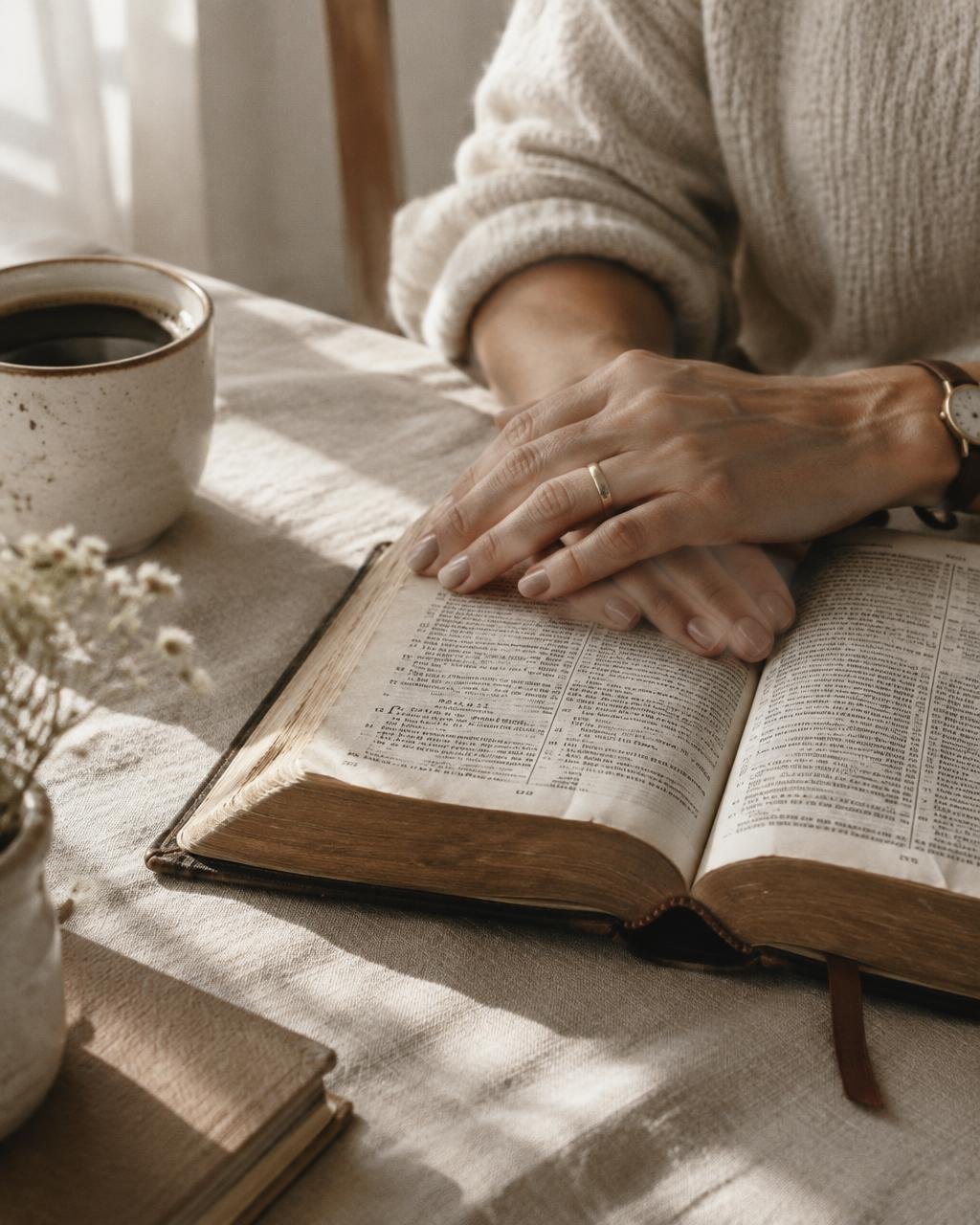 Hands resting on an open Bible