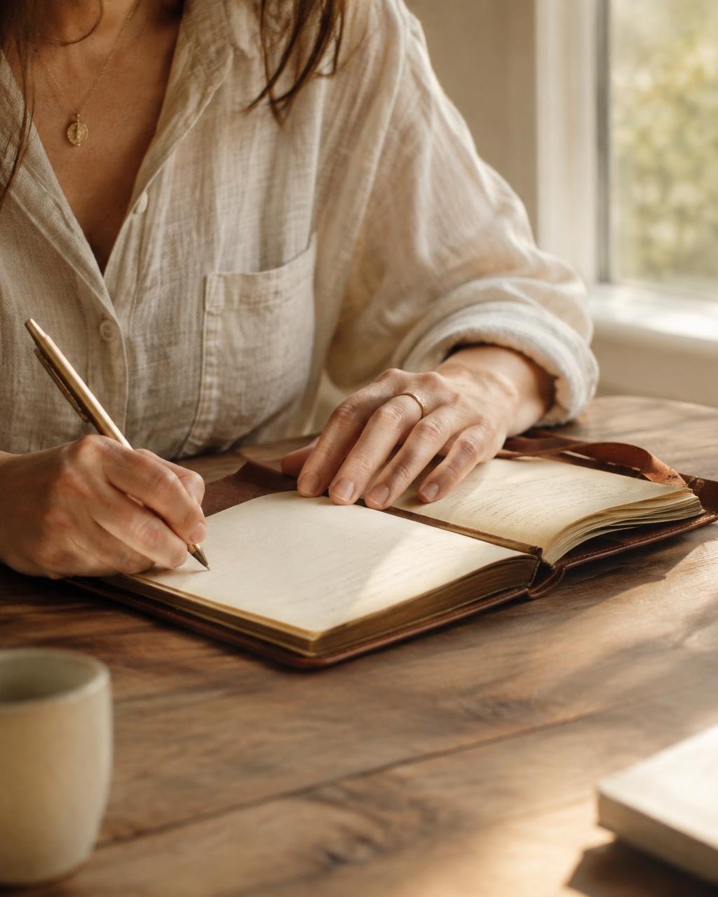 Hands writing in a journal