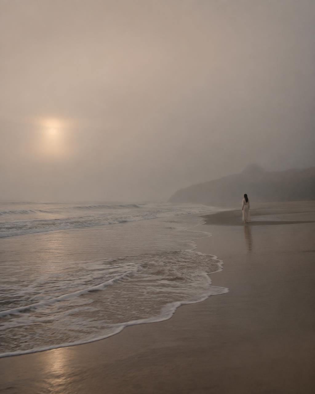 A lone woman on a foggy shoreline at dawn